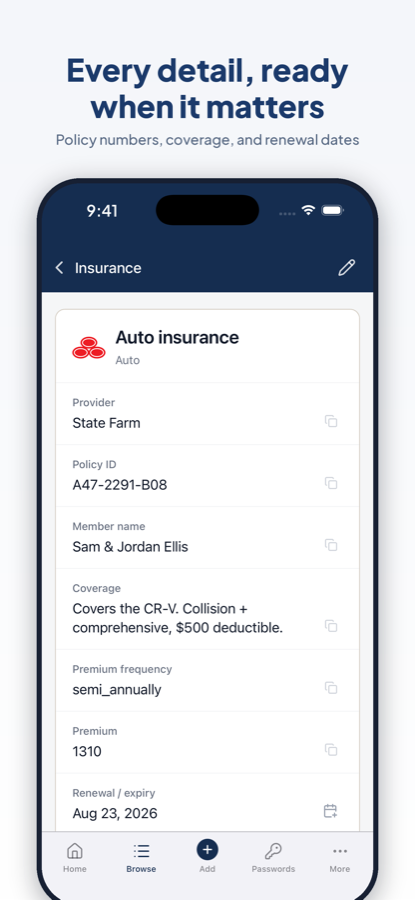 An auto insurance record on iPhone with provider, policy number, and coverage.
