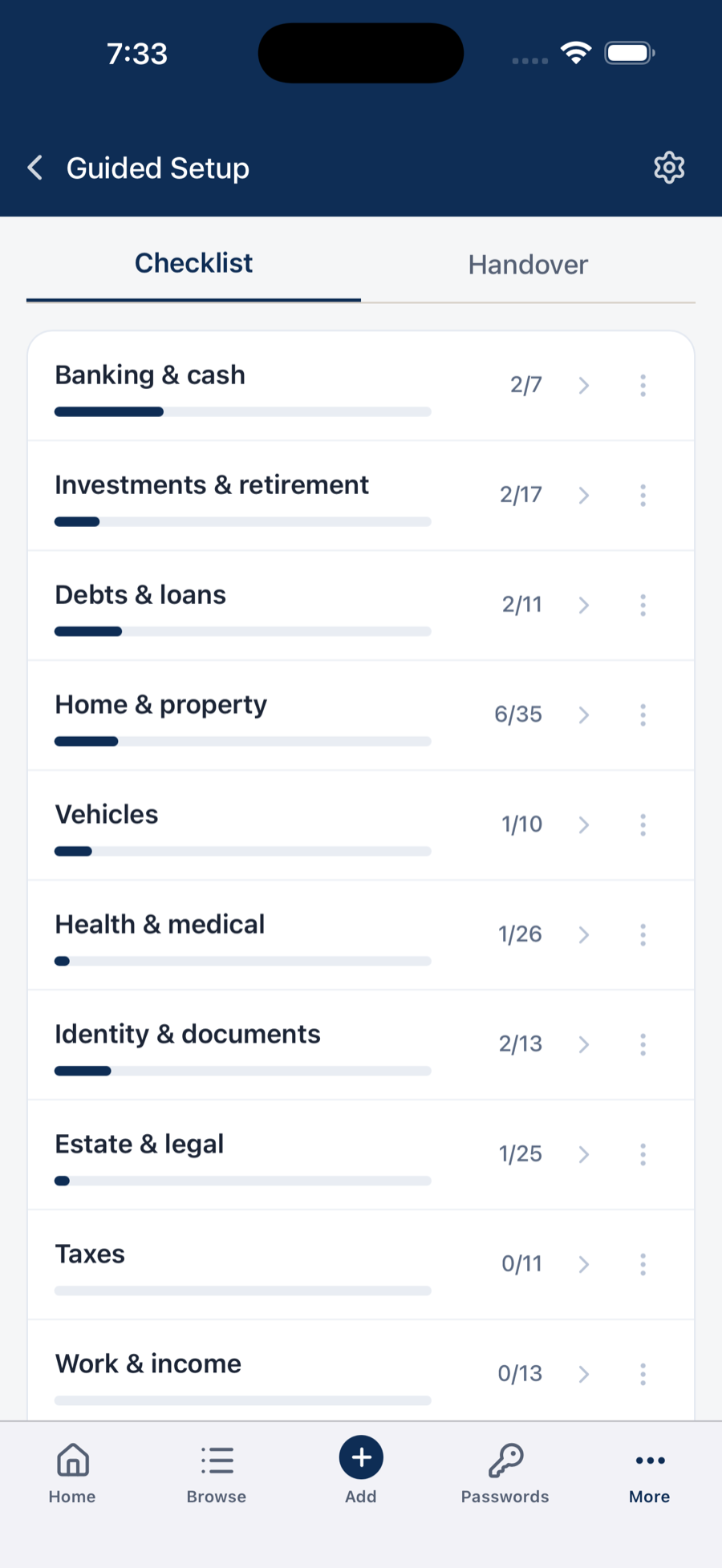 The Guided Setup checklist on iPhone, walking through household records by life area.