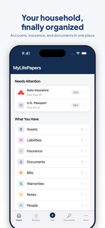 MyLifePapers home screen on iPhone, showing records that need attention and category counts.