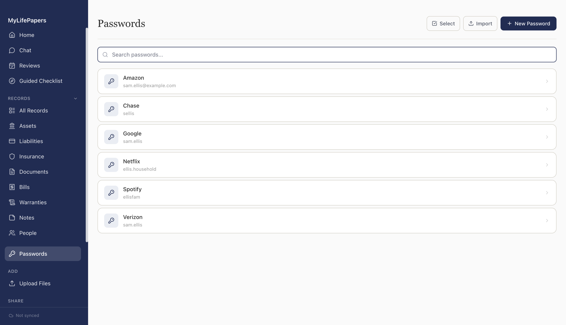 The MyLifePapers password manager listing accounts like Netflix, Google, Amazon, and Chase.