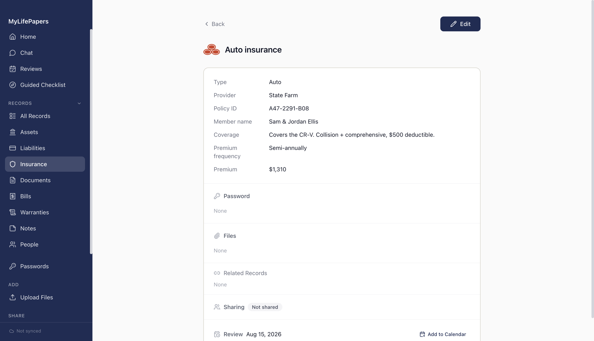An auto insurance record in MyLifePapers, showing the provider, policy number, coverage, premium, and a review reminder.